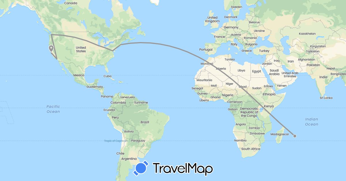 TravelMap itinerary: driving, plane in Mauritius, United States (Africa, North America)